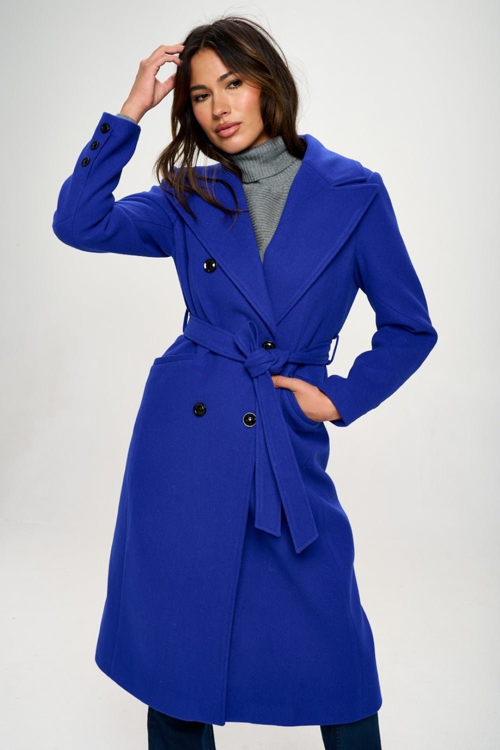 Coalition LA Double - Breasted Longline Coat with Belt - Bella Blue Styles