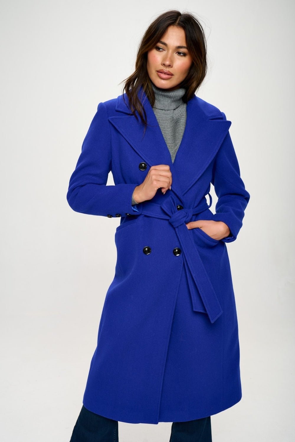 Coalition LA Double - Breasted Longline Coat with Belt - Bella Blue Styles