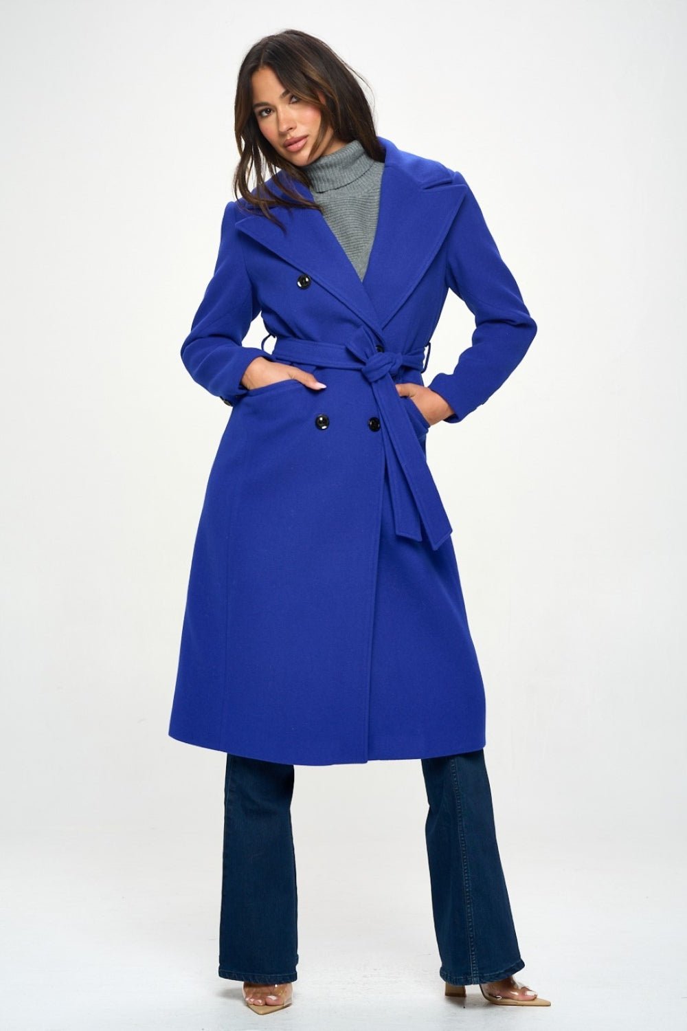 Coalition LA Double - Breasted Longline Coat with Belt - Bella Blue Styles