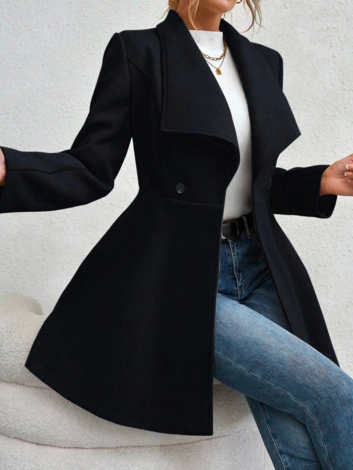 Collared Neck Button Up Long Sleeve Coat - Bella Blue Styles