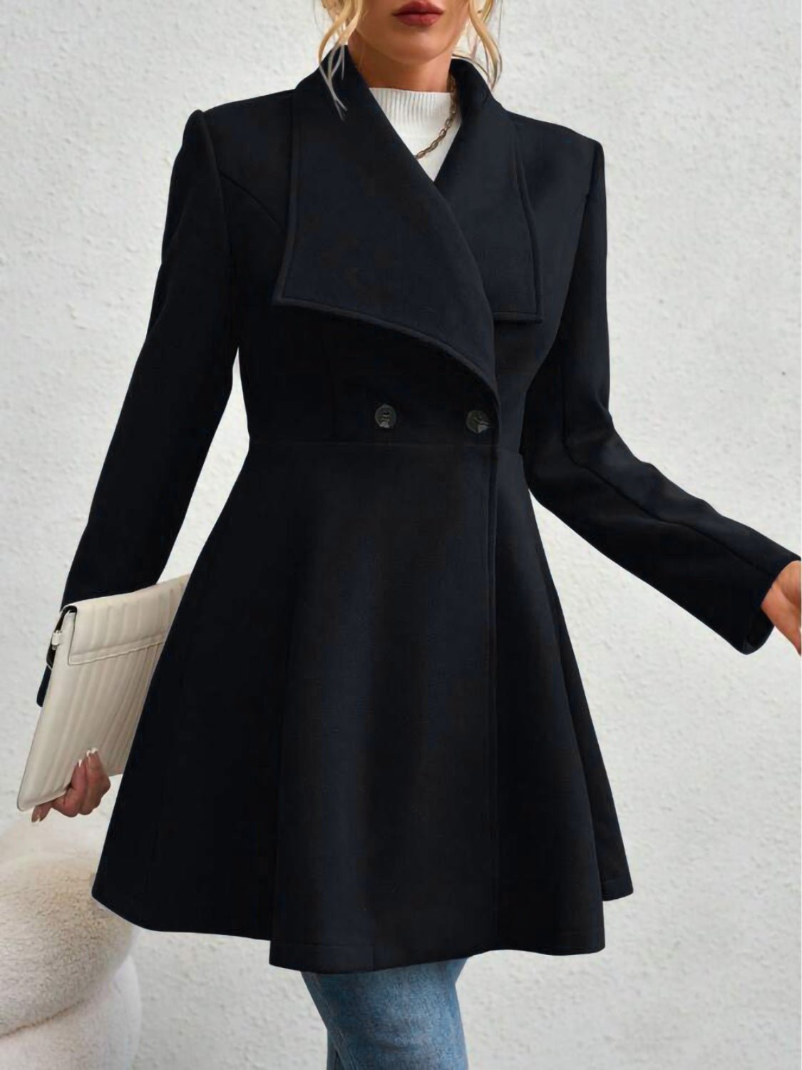 Collared Neck Button Up Long Sleeve Coat - Bella Blue Styles