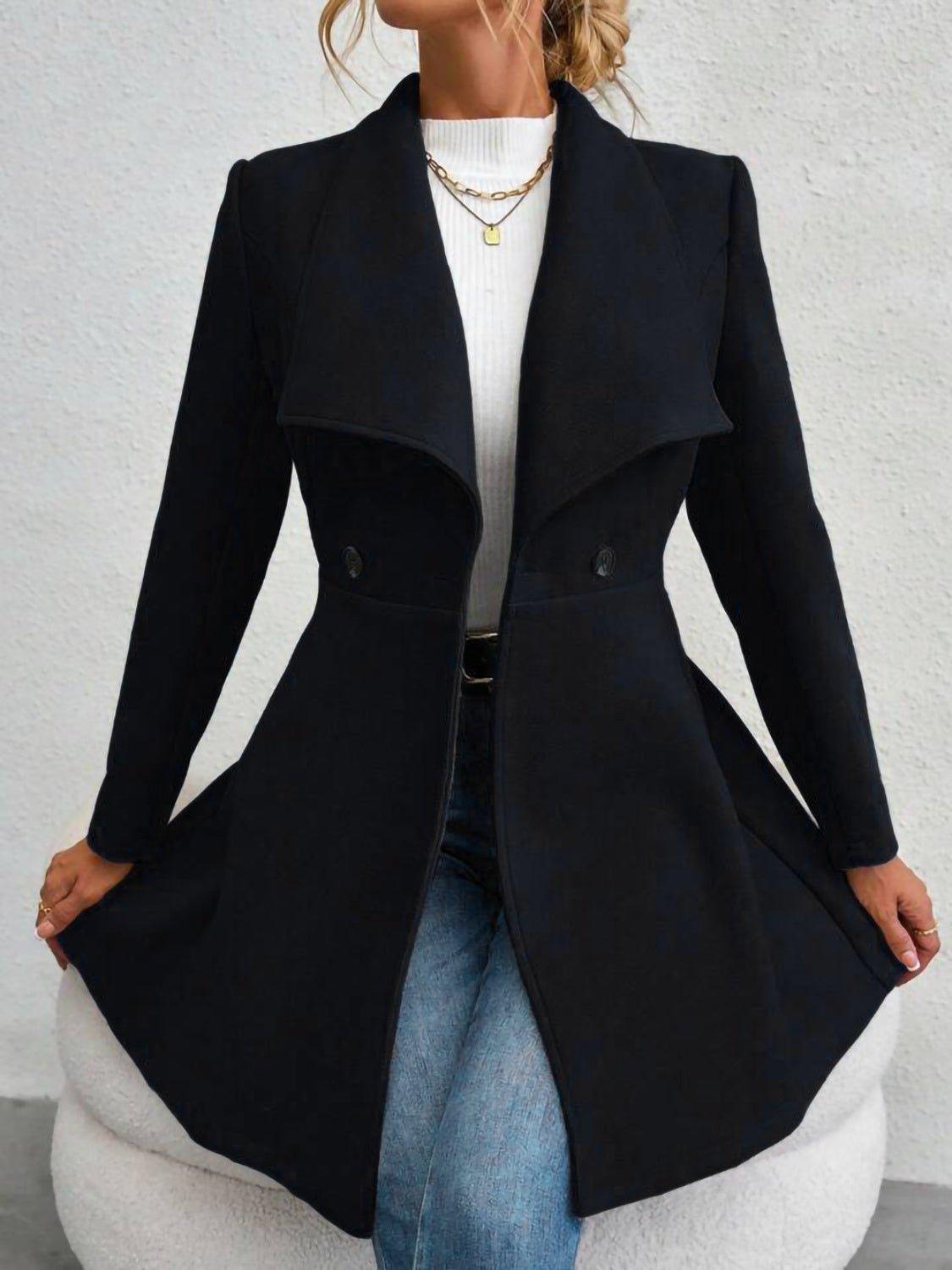 Collared Neck Button Up Long Sleeve Coat - Bella Blue Styles