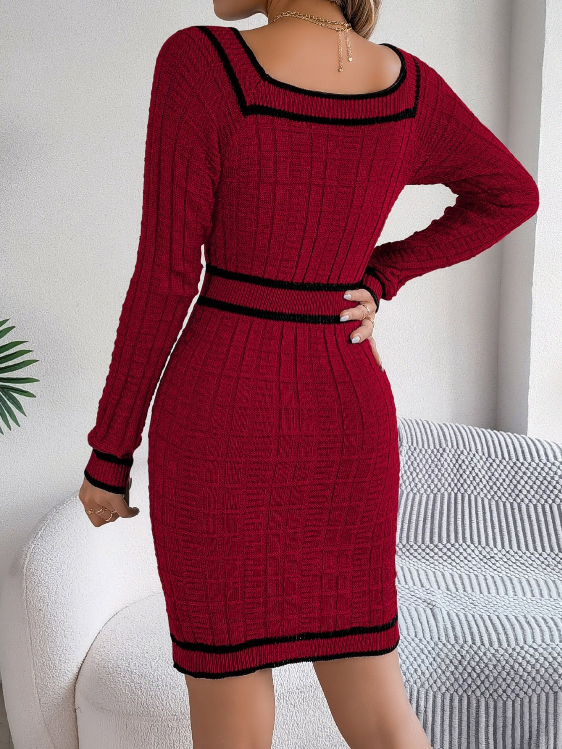 Contrast Trim Long Sleeve Sweater Dress - Bella Blue Styles