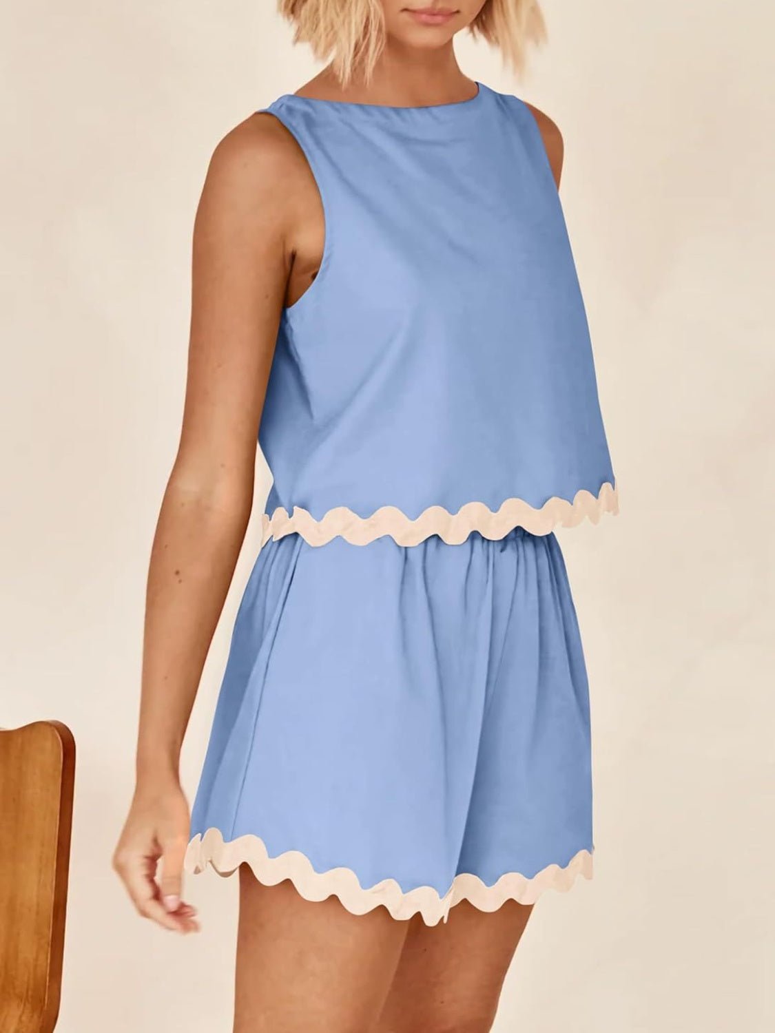 Contrast Trim Sleeveless Top and Shorts Set - Bella Blue Styles