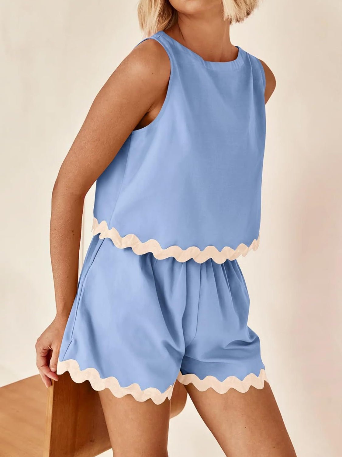 Contrast Trim Sleeveless Top and Shorts Set - Bella Blue Styles