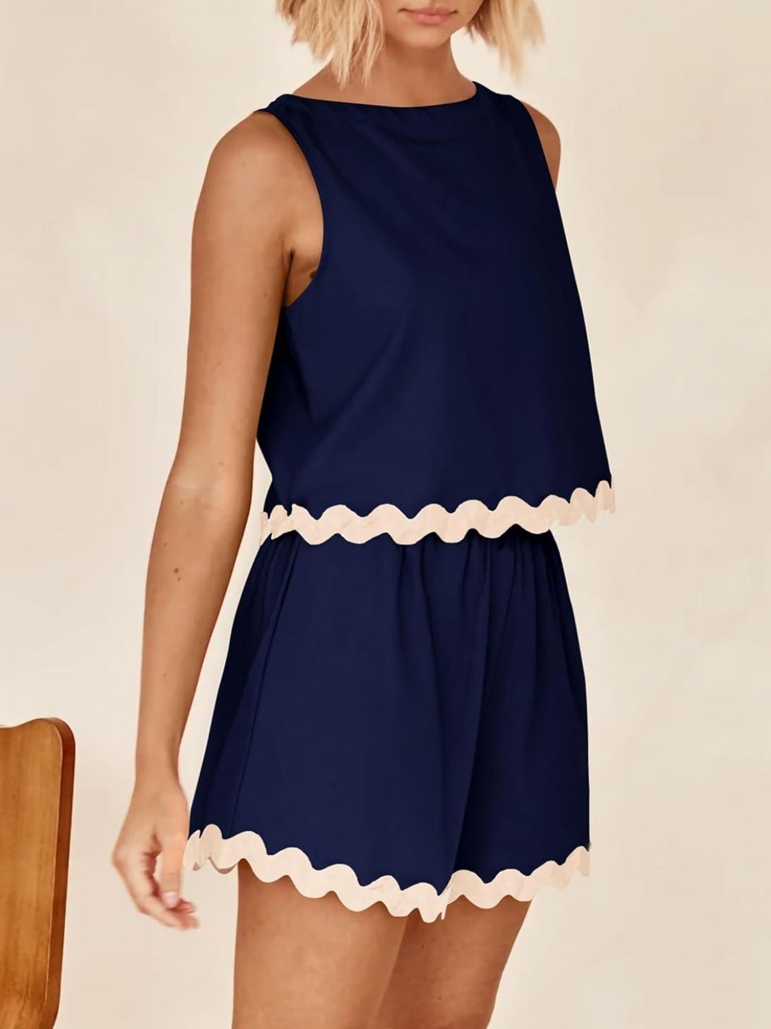 Contrast Trim Sleeveless Top and Shorts Set - Bella Blue Styles