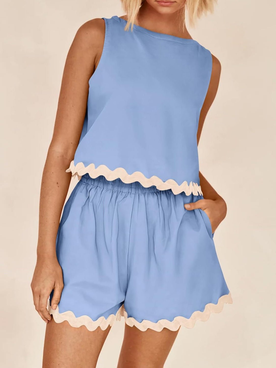 Contrast Trim Sleeveless Top and Shorts Set - Bella Blue Styles