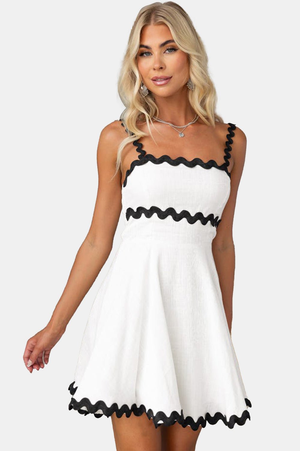 Contrast Trim Square Neck Mini Dress - Bella Blue Styles