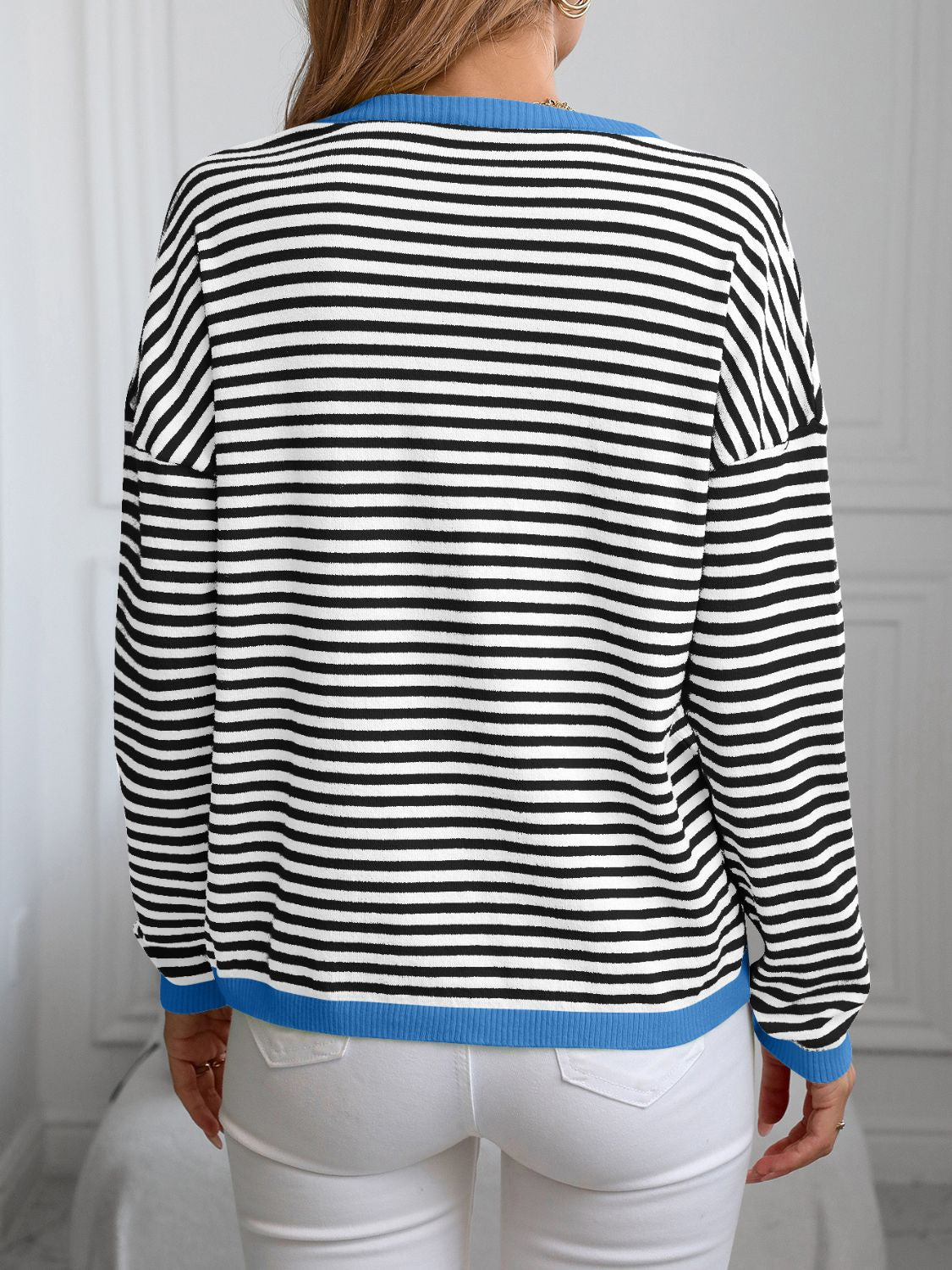 Contrast Trim Striped V - Neck Long Sleeve Knit Top - Bella Blue Styles