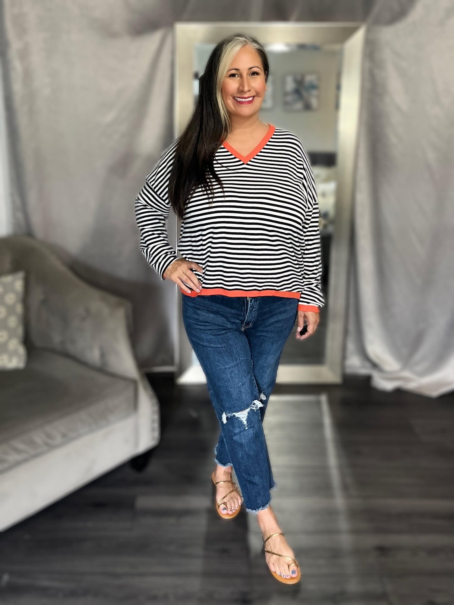 Contrast Trim Striped V - Neck Long Sleeve Knit Top - Bella Blue Styles