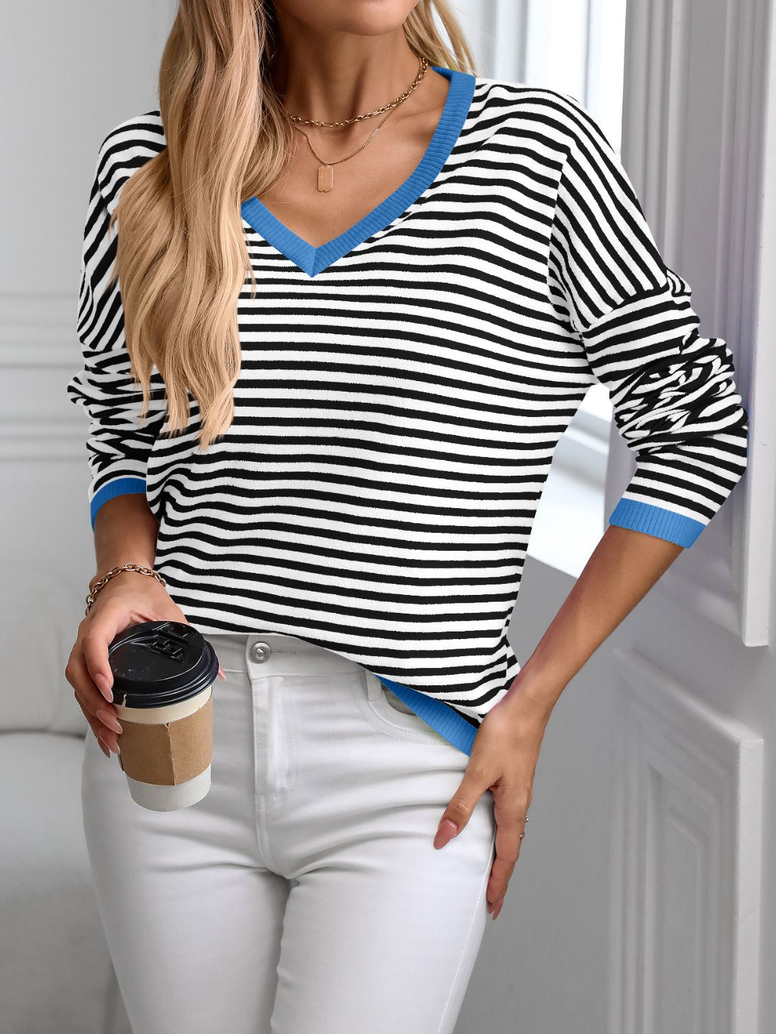 Contrast Trim Striped V - Neck Long Sleeve Knit Top - Bella Blue Styles