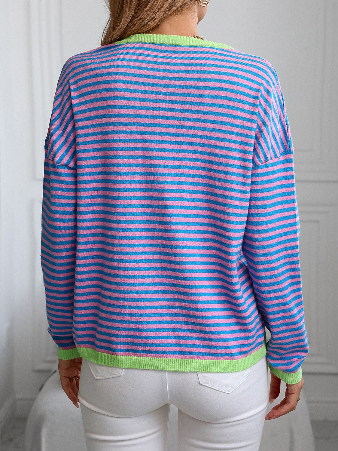 Contrast Trim Striped V - Neck Long Sleeve Knit Top - Bella Blue Styles