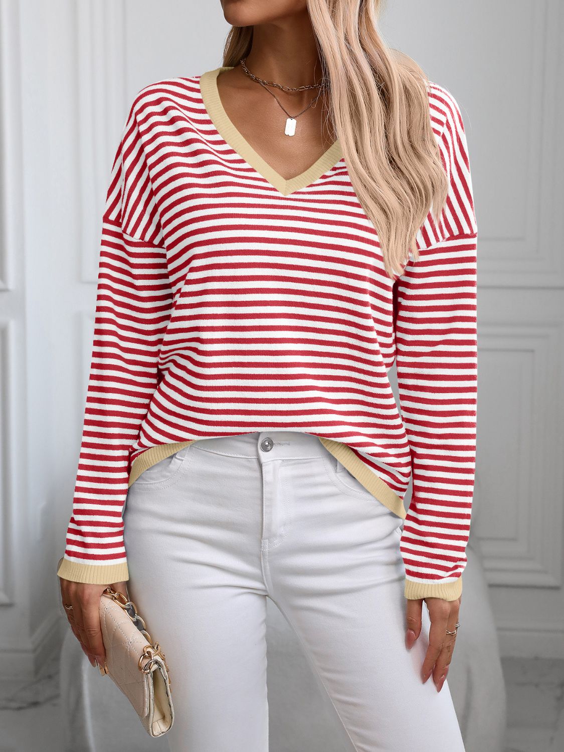 Contrast Trim Striped V - Neck Long Sleeve Knit Top - Bella Blue Styles