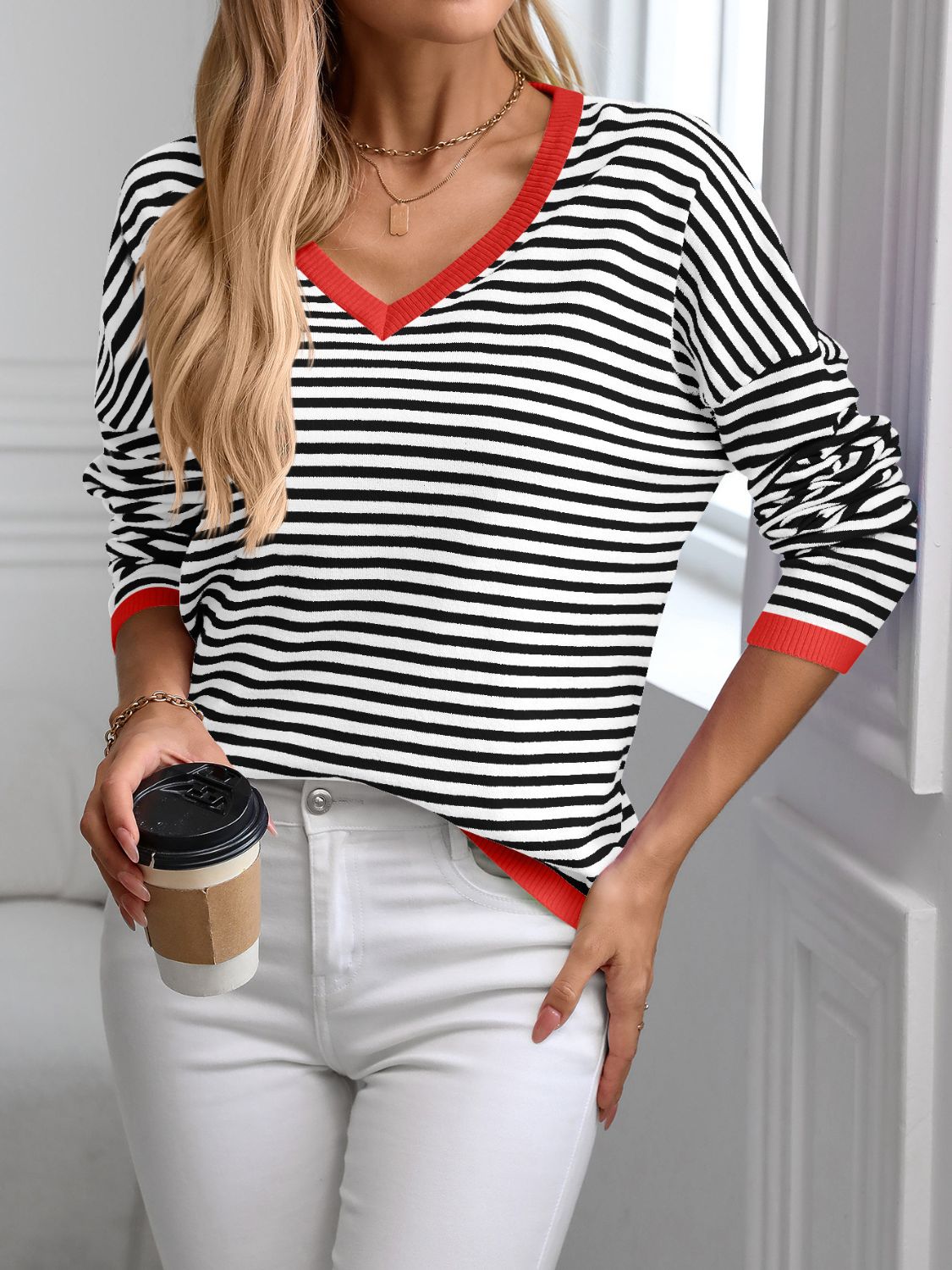 Contrast Trim Striped V - Neck Long Sleeve Knit Top - Bella Blue Styles