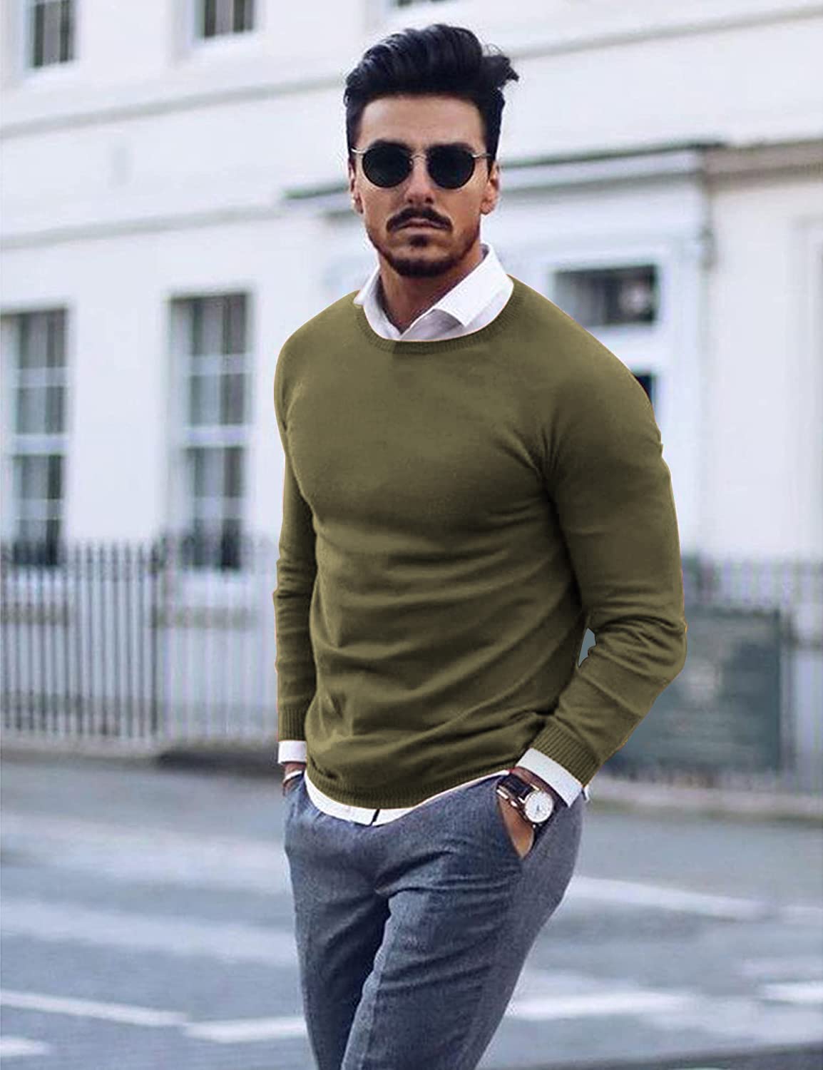 COOFANDY Men Casual Crew Neck Sweater Ribbed Knit Slim Fit Long Sleeve Pullover Top Army Green - Bella Blue Styles