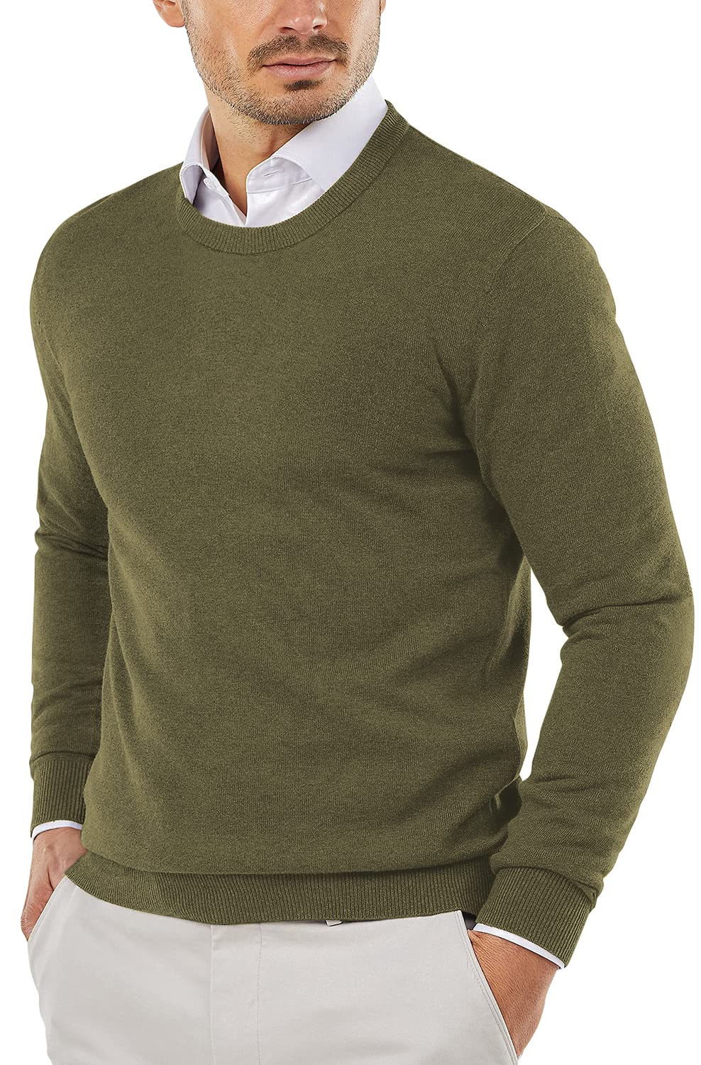 COOFANDY Men Casual Crew Neck Sweater Ribbed Knit Slim Fit Long Sleeve Pullover Top Army Green - Bella Blue Styles