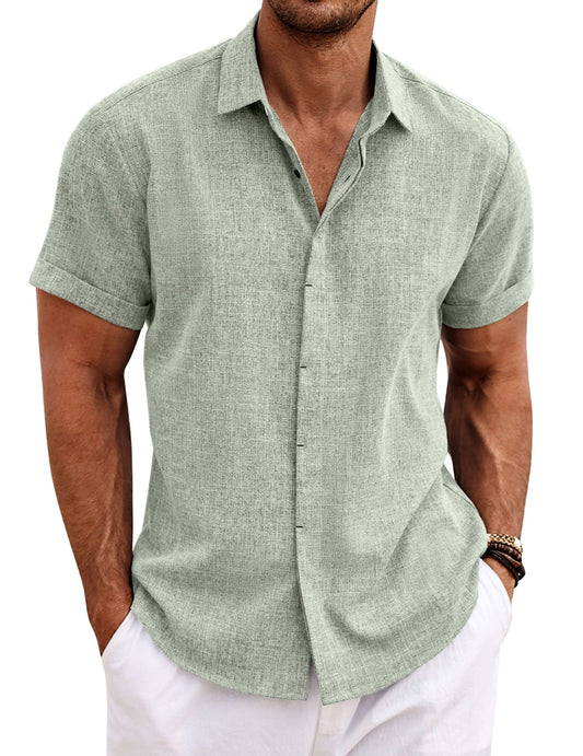 COOFANDY Men's Summer Beach Cotton Linen Short Sleeve Shirt Business Work Shirts Light Green - Bella Blue Styles