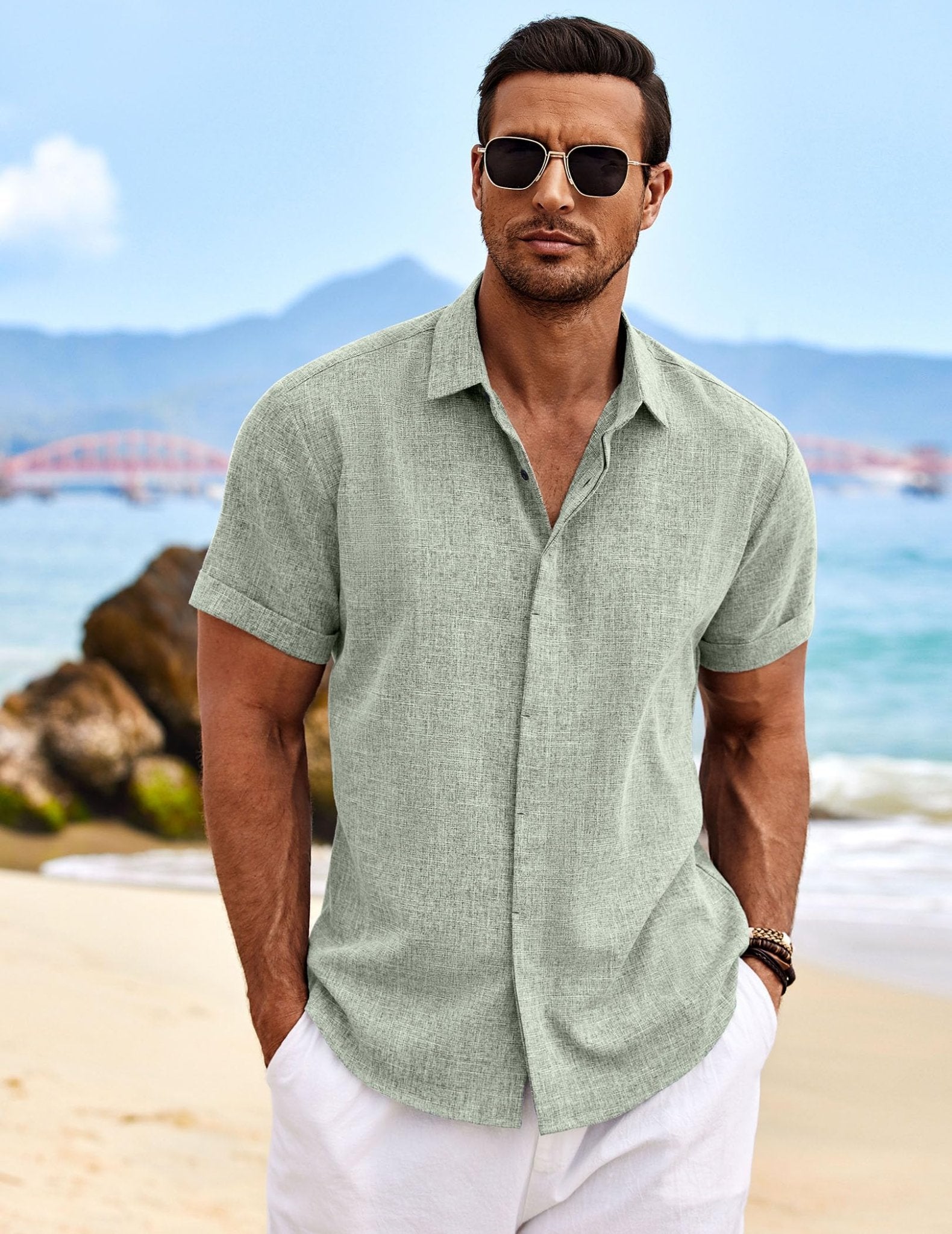 COOFANDY Men's Summer Beach Cotton Linen Short Sleeve Shirt Business Work Shirts Light Green - Bella Blue Styles