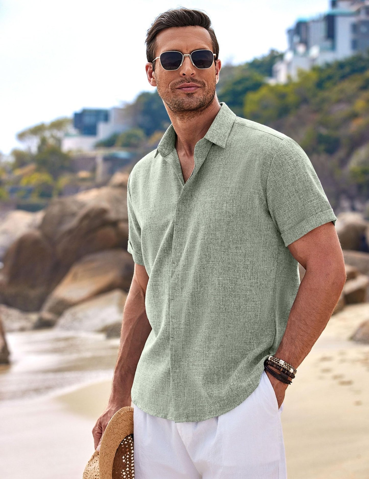 COOFANDY Men's Summer Beach Cotton Linen Short Sleeve Shirt Business Work Shirts Light Green - Bella Blue Styles