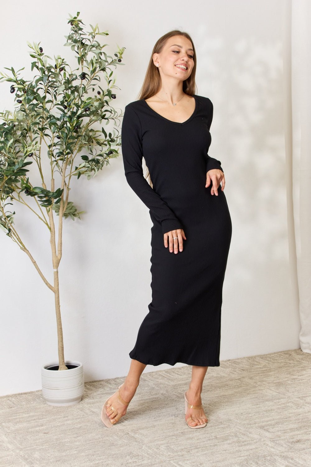 Culture Code Full Size Ribbed Long Sleeve Midi Slit Dress - Bella Blue Styles