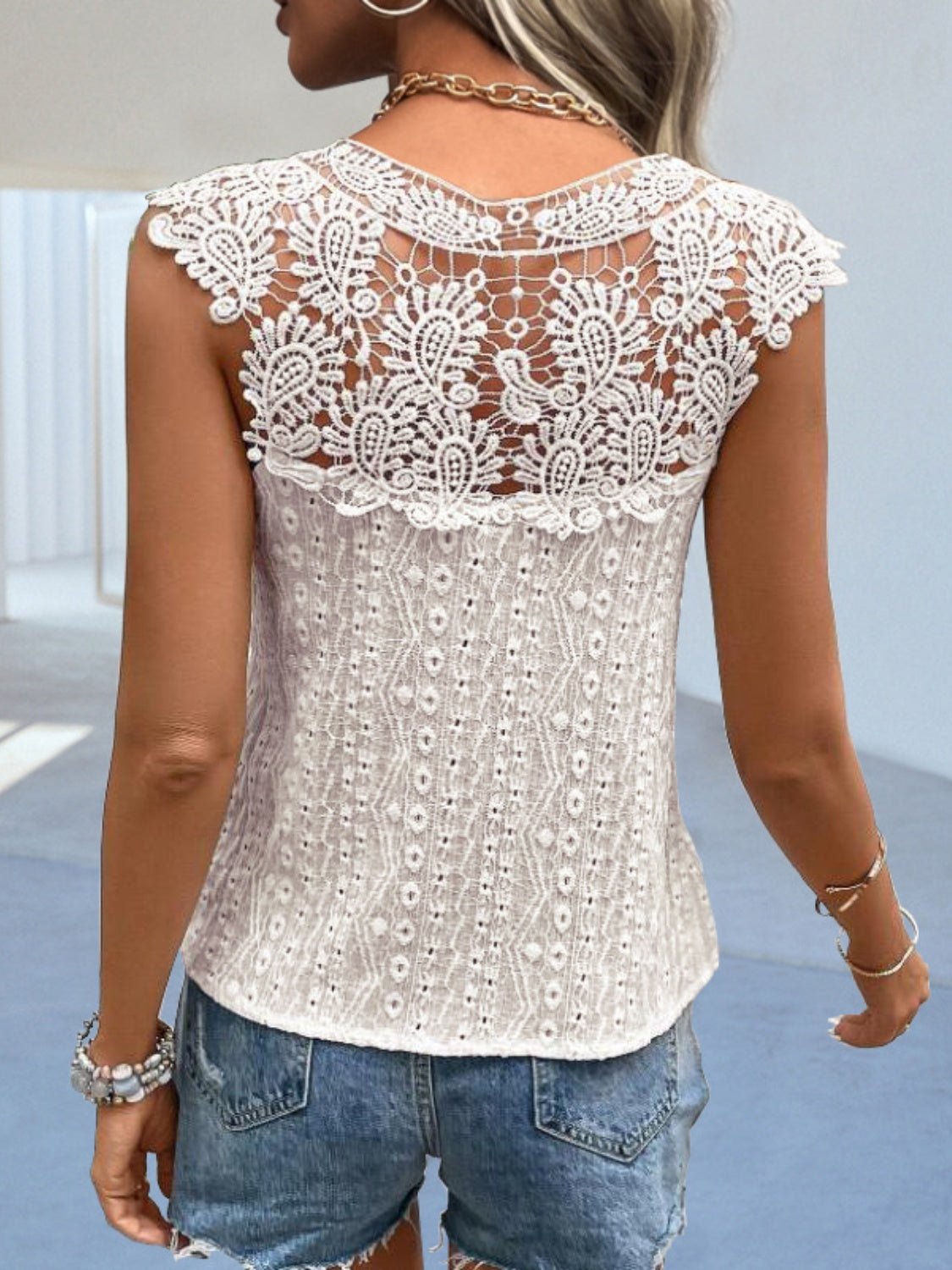 Cutout Lace Detail Notched Blouse - Bella Blue Styles