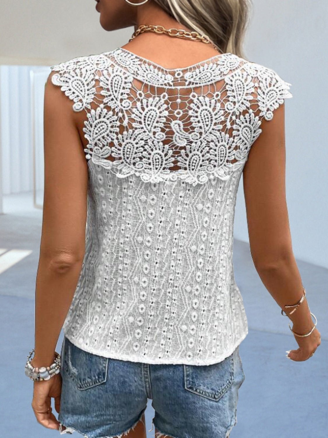 Cutout Lace Detail Notched Blouse - Bella Blue Styles