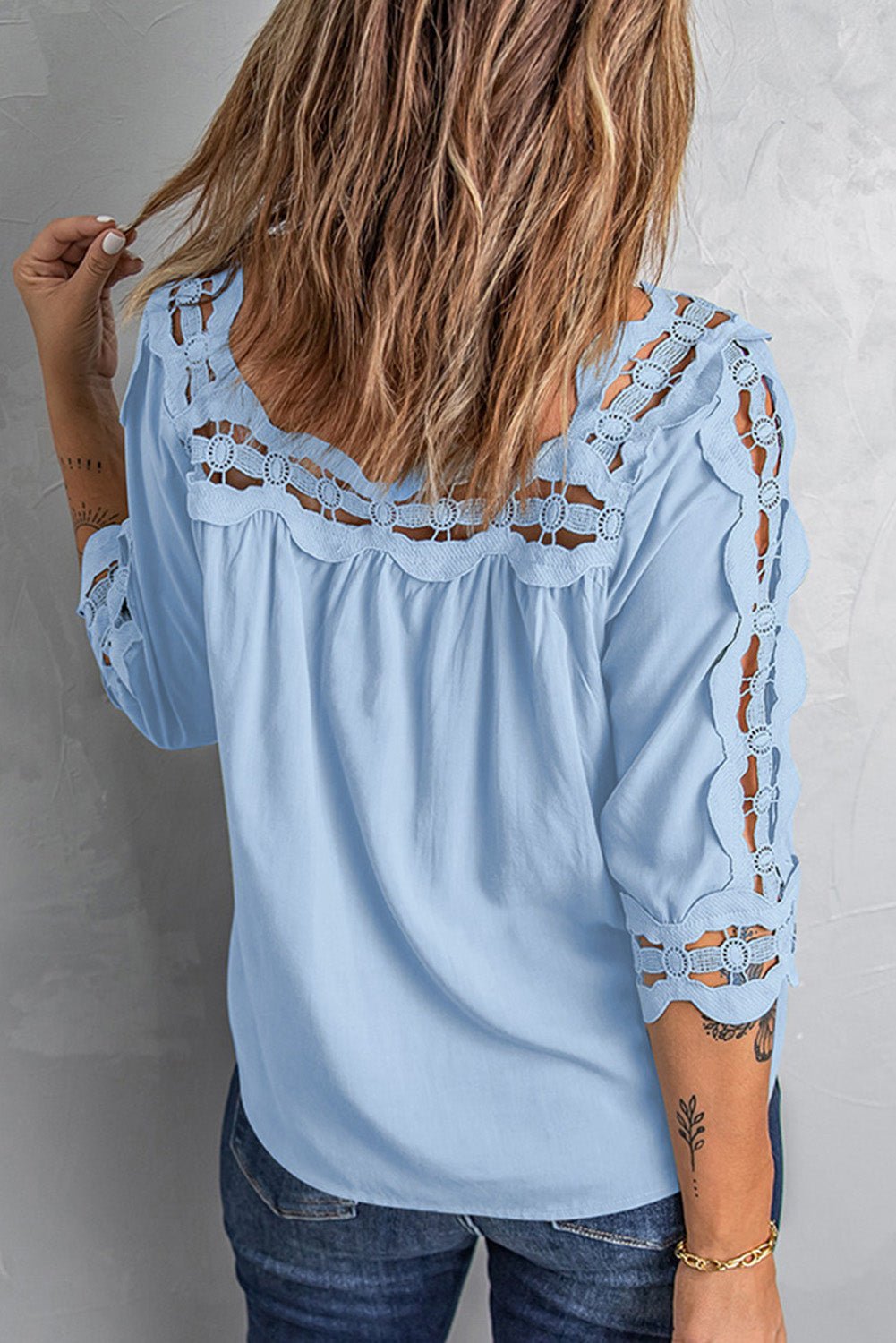 Danika Crochet Openwork 3/4 Sleeve Blouse - Bella Blue Styles