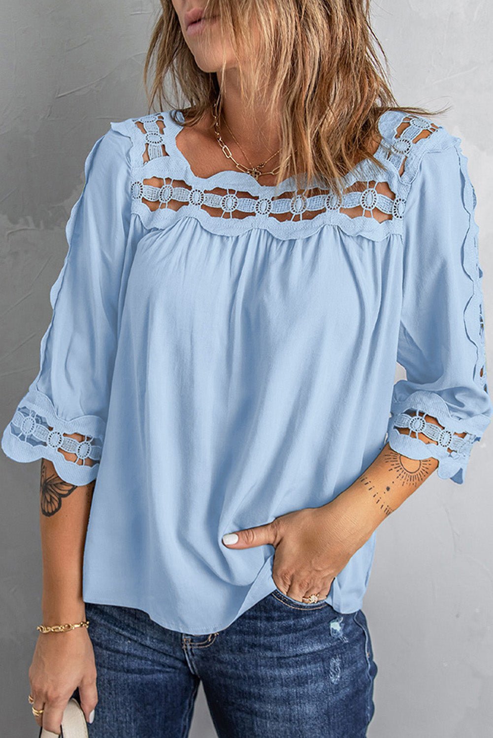 Danika Crochet Openwork 3/4 Sleeve Blouse - Bella Blue Styles