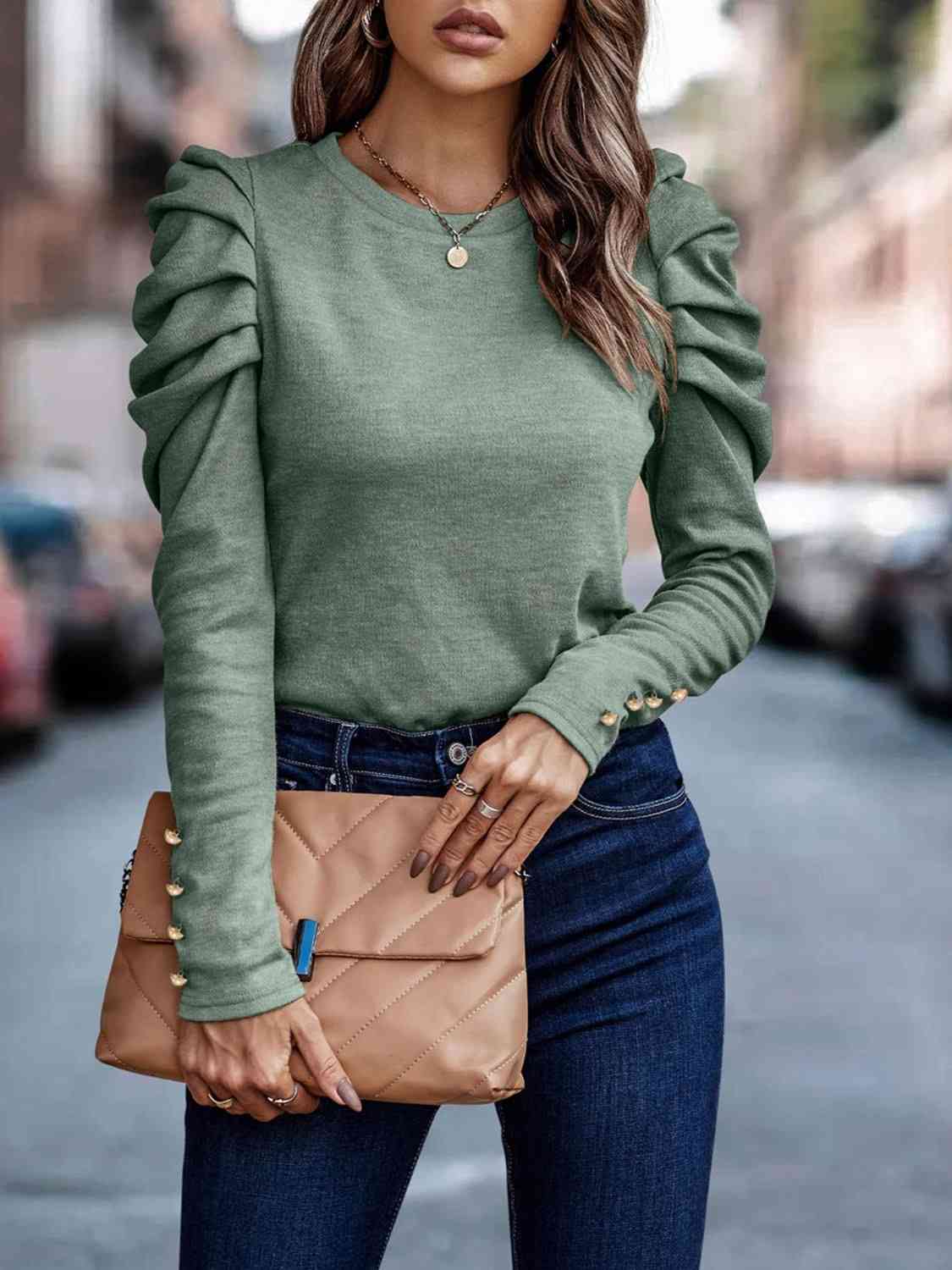 Decorative Button Puff Sleeve T-Shirt - Bella Blue Styles