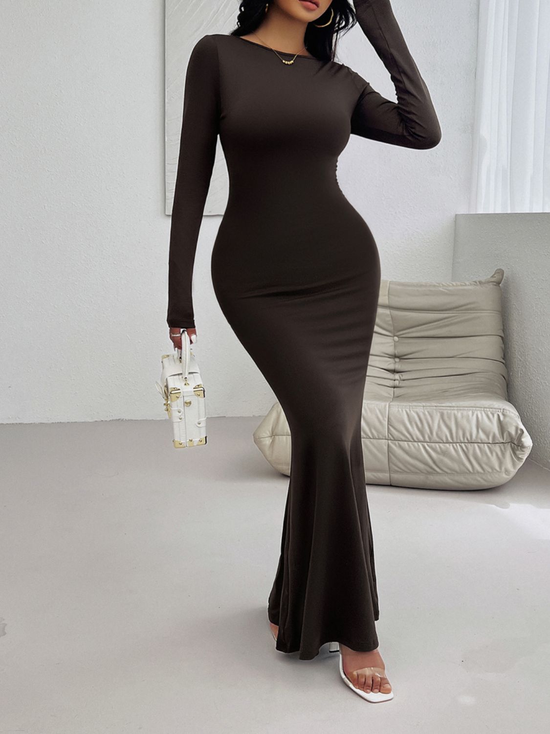 Devine Backless Round Neck Long Sleeve Maxi Dress - Bella Blue Styles