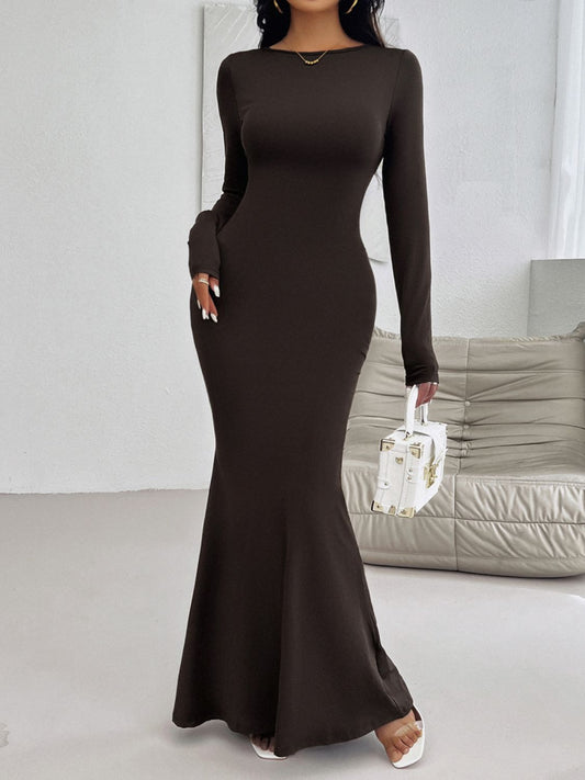 Devine Backless Round Neck Long Sleeve Maxi Dress - Bella Blue Styles