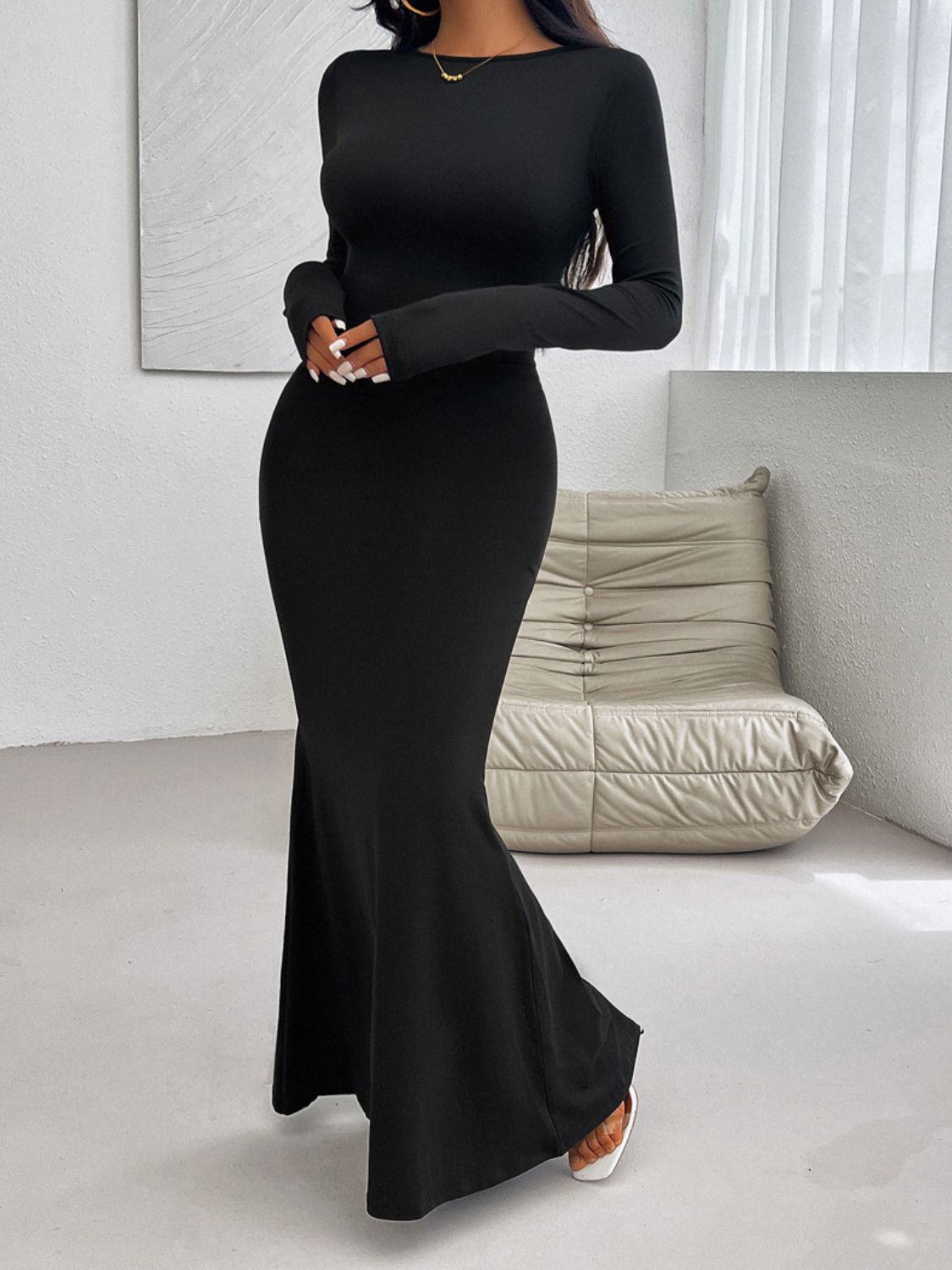 Devine Backless Round Neck Long Sleeve Maxi Dress - Bella Blue Styles