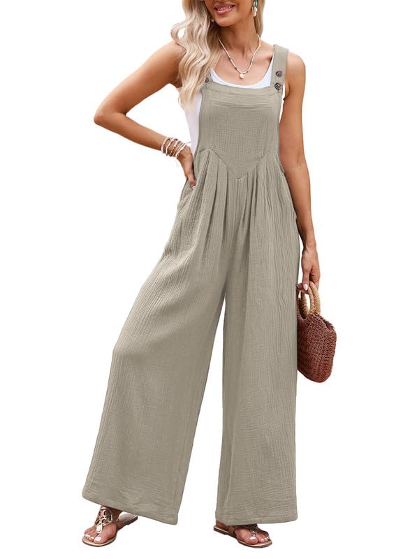 Dokotoo Womens Casual Loose Overalls One Piece Sleeveless Jumpsuits for Women Stretchy Wide Leg Loose Fit Adjustable Straps Long Pant Rompers Jumpsuit with Pockets Small Khaki - Bella Blue Styles