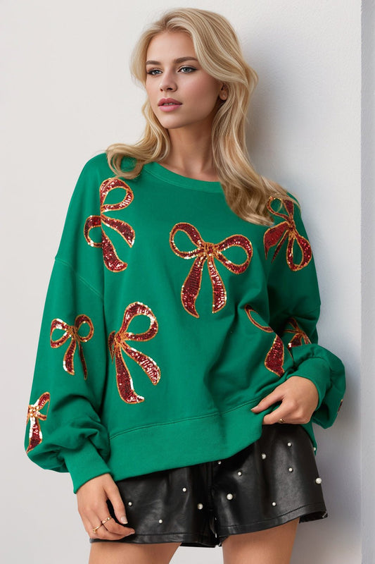 Double Take Christmas Bow Sequin Round Neck Dropped Shoulder Sweatshirt - Bella Blue Styles