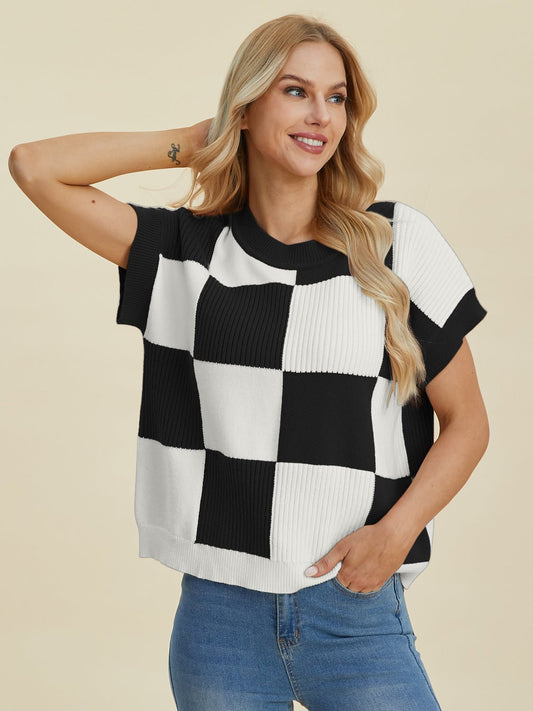 Double Take Full Size Checkered Round Neck Short Sleeve Sweater - Bella Blue Styles