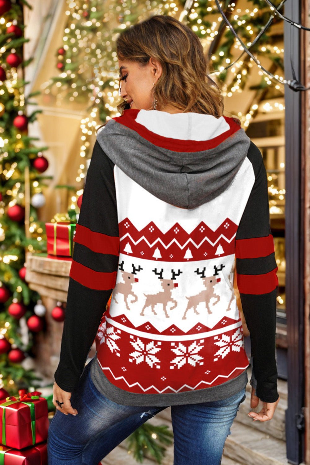 Double Take Full Size Christmas Drawstring Long Sleeve Hoodie - Bella Blue Styles