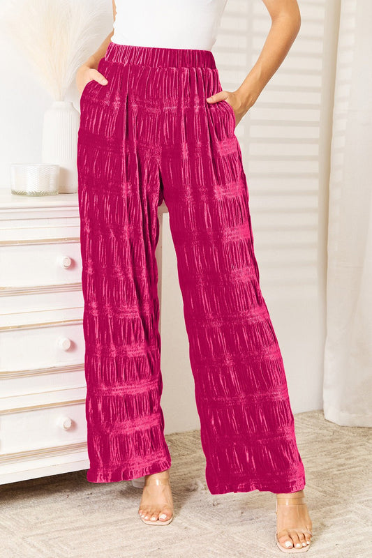 Double Take Full Size High Waist Tiered Shirring Velvet Wide Leg Pants - Bella Blue Styles