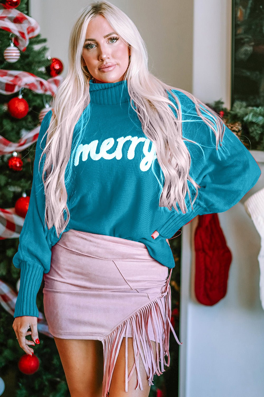 Double Take Full Size Merry Christmas Turtleneck Long Sleeve Sweater - Bella Blue Styles