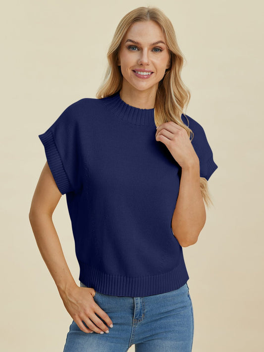 Double Take Full Size Mock Neck Short Sleeve Sweater - Bella Blue Styles