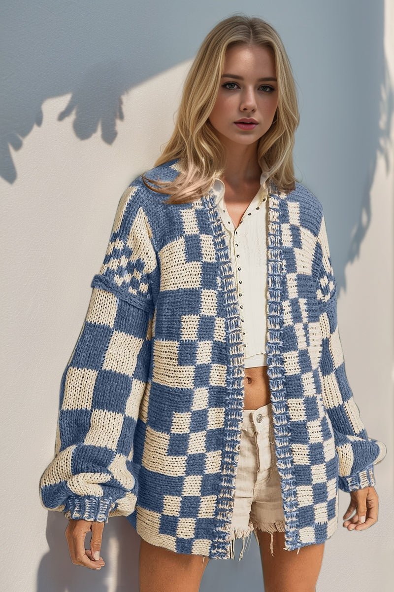 Double Take Full Size Open Front Checkered Drop Shoulder Cardigan - Bella Blue Styles