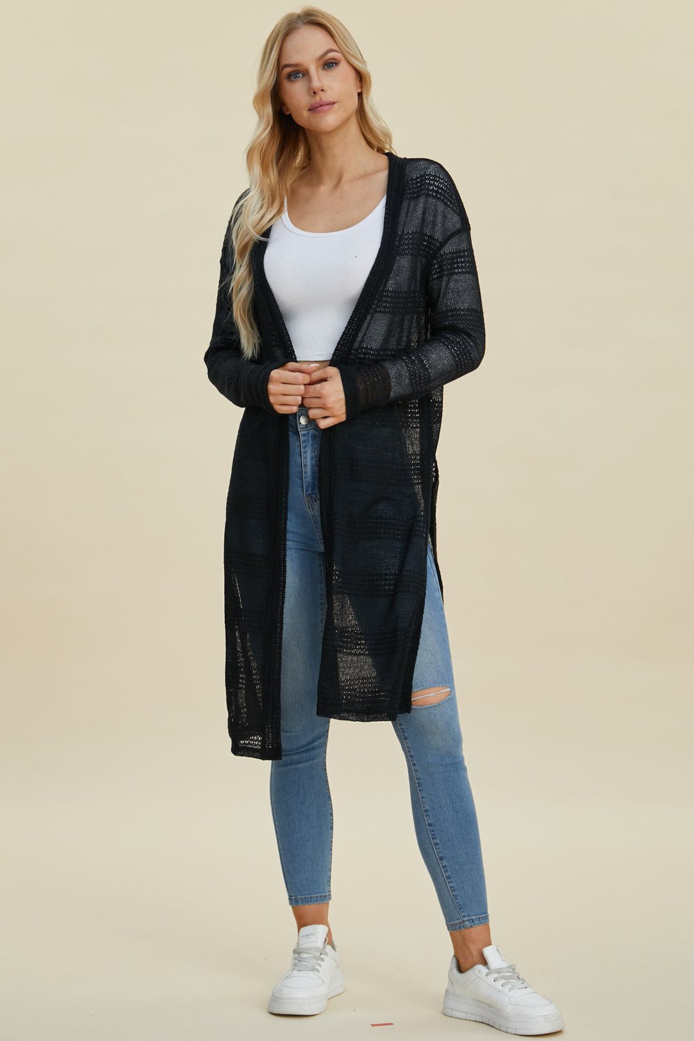 Double Take Full Size Open Front Longline Cardigan - Bella Blue Styles