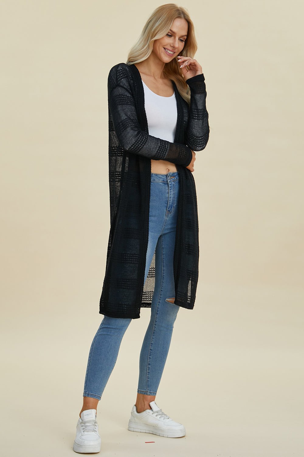 Double Take Full Size Open Front Longline Cardigan - Bella Blue Styles