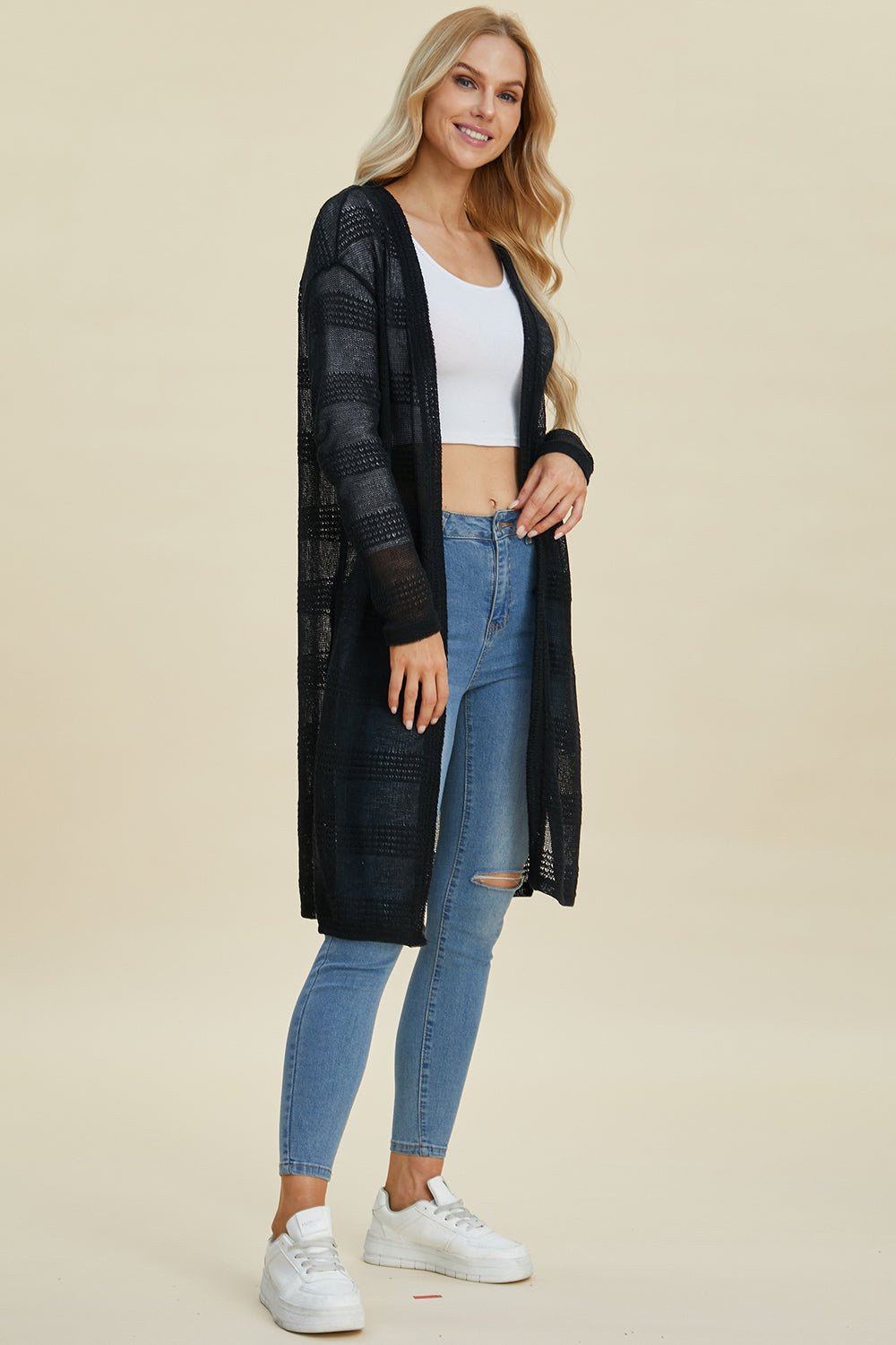 Double Take Full Size Open Front Longline Cardigan - Bella Blue Styles