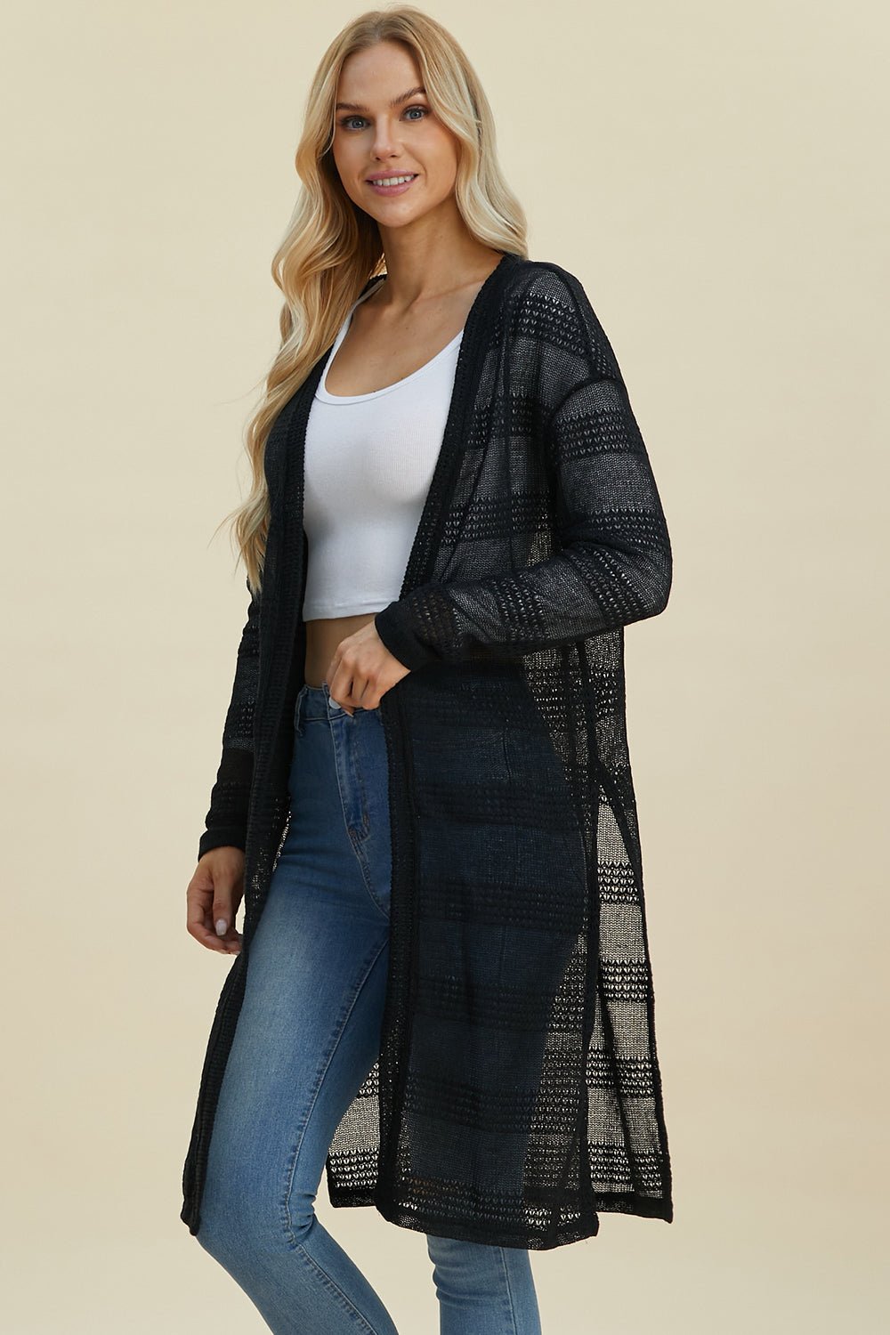 Double Take Full Size Open Front Longline Cardigan - Bella Blue Styles