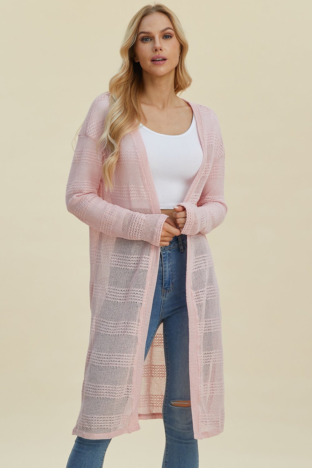 Double Take Full Size Open Front Longline Cardigan - Bella Blue Styles