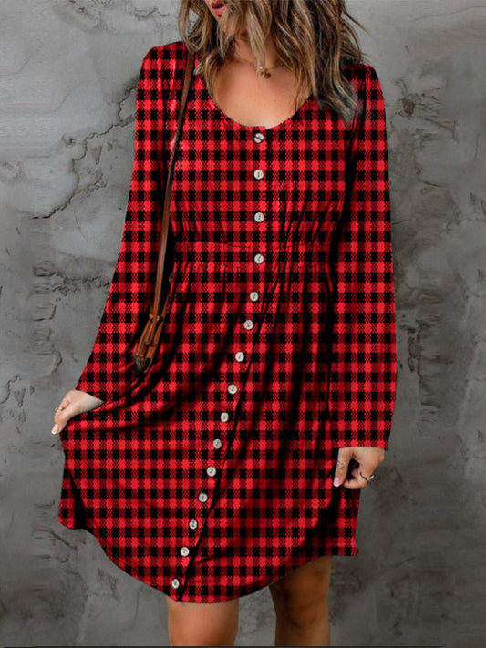 Double Take Full Size Plaid Round Neck Long Sleeve Magic Dress - Bella Blue Styles