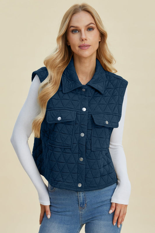 Double Take Full Size Pocketed Texture Snap Down Vest Coat - Bella Blue Styles