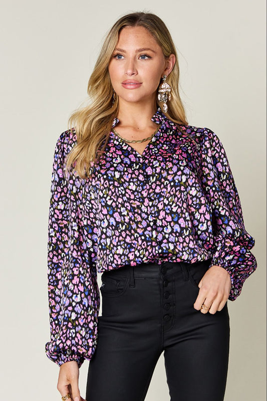 Double Take Full Size Printed Balloon Sleeve Shirt - Bella Blue Styles