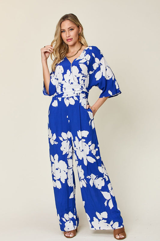 Double Take Full Size Printed Tie Back Wide Leg Jumpsuit - Bella Blue Styles