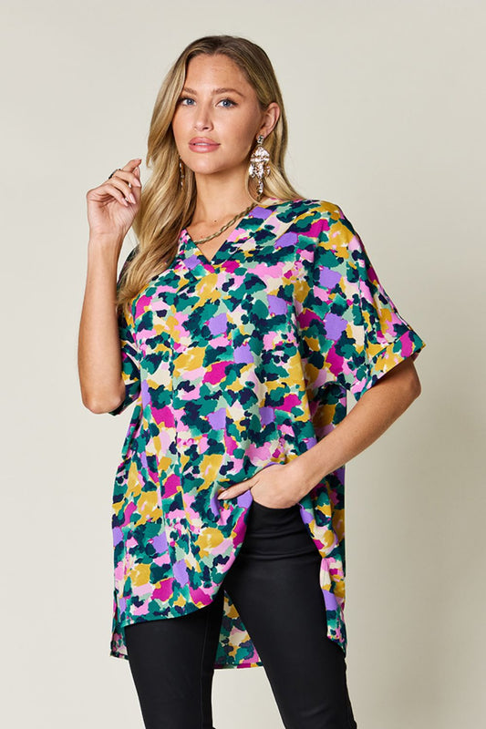 Double Take Full Size Printed V - Neck Short Sleeve Side Slit Top - Bella Blue Styles